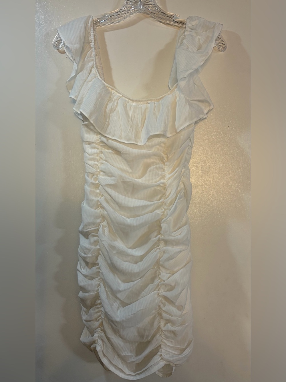 Blue Blush White Ruched Ruffle Mini Dress Womens Size S